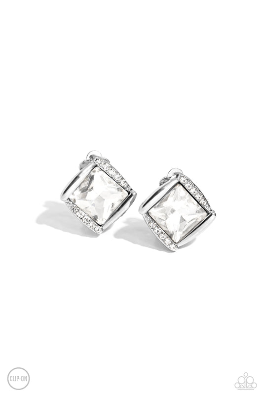 Sparkle Squared White Clip-On Earrings Paparazzi
